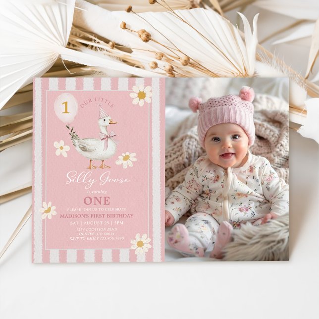 Little Silly Goose Daisy Girl 1st Birthday Photo Invitation (Creator Uploaded)