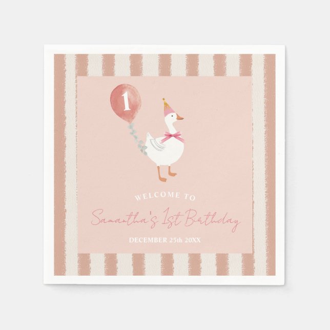 Little Silly Goose Pink Balloon Birthday Paper Napkin (Front)