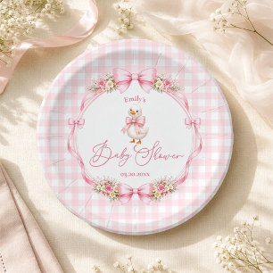Little Silly Goose Pink Gingham Baby Shower Paper Plate