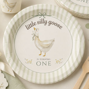 Little Silly Goose Sage Green Birthday Party Paper Plate