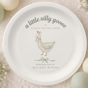 Little silly Goose Sage Green Bow Baby Shower Paper Plate