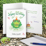 Little Sister Cute Birthday Frog Card<br><div class="desc">This cute frog sits on a lily pad staring at a slice of birthday cake in front of him. Send this to your little sister who loves frogs and wish them toads of fun!</div>