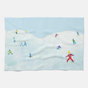 Little Skiers On Snowy Hill Kitchen Towel