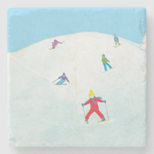 Little Skiers On Snowy Hill  Stone Coaster