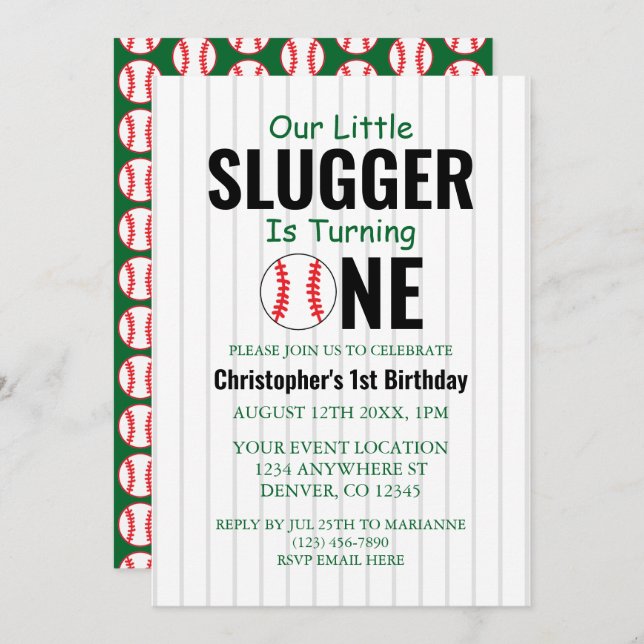 Little Slugger Baseball 1st Birthday Invitation (Front/Back)