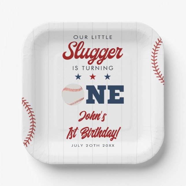 Little Slugger Baseball 1st Birthday Paper Plate (Front)