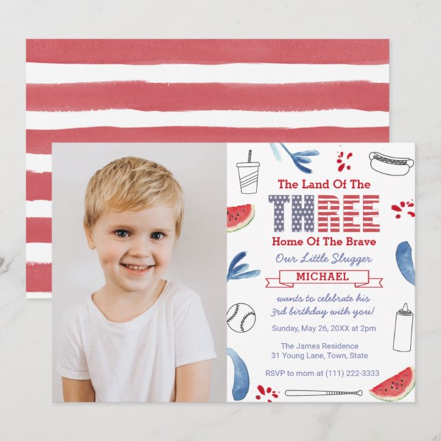 Little Slugger Baseball 3rd Birthday Party Photo Invitation (Front/Back)