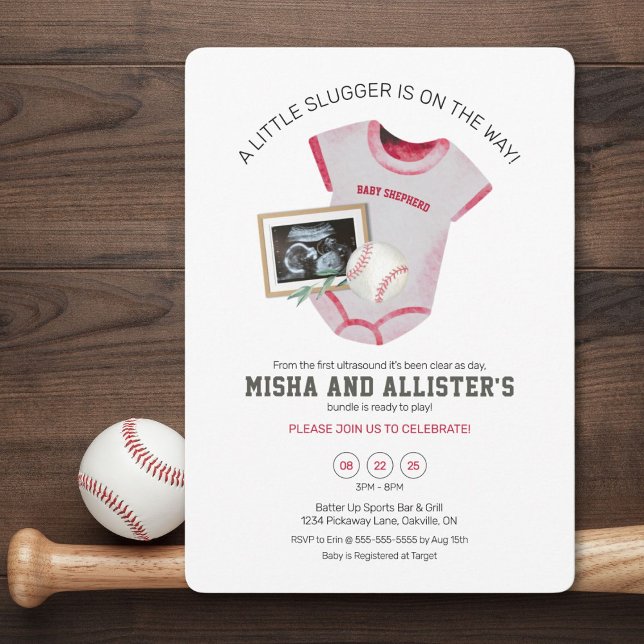 Little Slugger Baseball Baby Shower Invitation (Baseball-themed baby shower invite celebrating your future all-star player.)