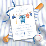 Little slugger Baseball Clothesline Baby Shower In Invitation<br><div class="desc">Little Slugger Baseball Clothesline Baby Shower Invitations. Features watercolor baseball jersey one piece, helmet, sports cap, bat, baseball and glove on clothesline in muted beige, tan and blue colours. All wording can be changed, to any age birthday or to a baby shower. To make more changes go to Personalize this...</div>