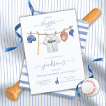 Little slugger Baseball Clothesline Birthday Party Invitation<br><div class="desc">Little Slugger Baseball Clothesline Rookie Year Birthday Party Invitations. Features watercolor baseball jersey, helmet, sports cap, bat, baseball and glove on clothesline in muted beige, tan and blue colours. All wording can be changed, to any age birthday or to a baby shower. To make more changes go to Personalize this...</div>