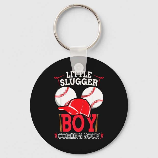 Little Slugger Boy Coming Soon Baby Announcement B Keychain (Front)