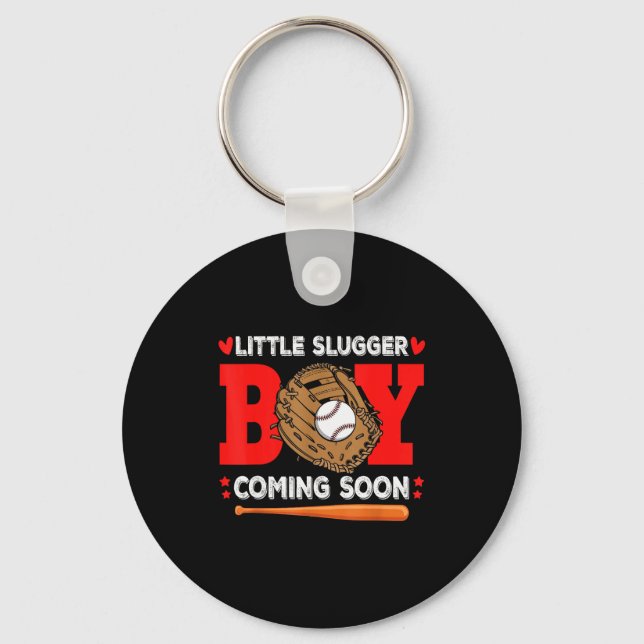 Little Slugger Boy Coming Soon Baby Announcement B Keychain (Front)