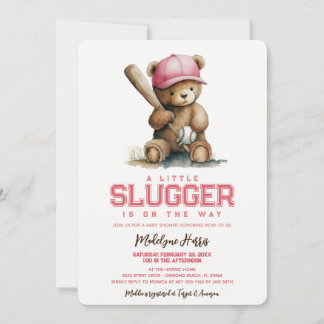 Little Slugger Girl Teddy Bear Baby Shower Invitation