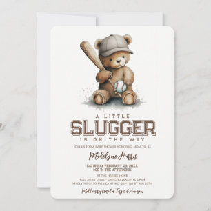 Little Slugger Neutral Teddy Baseball Baby Shower Invitation