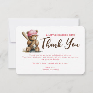 Little Slugger Teddy Bear Baseball Boy Baby Shower Thank You Card