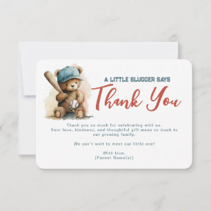 Little Slugger Teddy Bear Baseball Boy Baby Shower Thank You Card