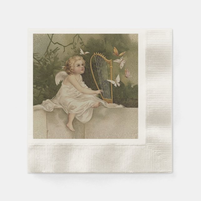 Little Smiling Angel with Butterflies and Harp Napkin (Front)