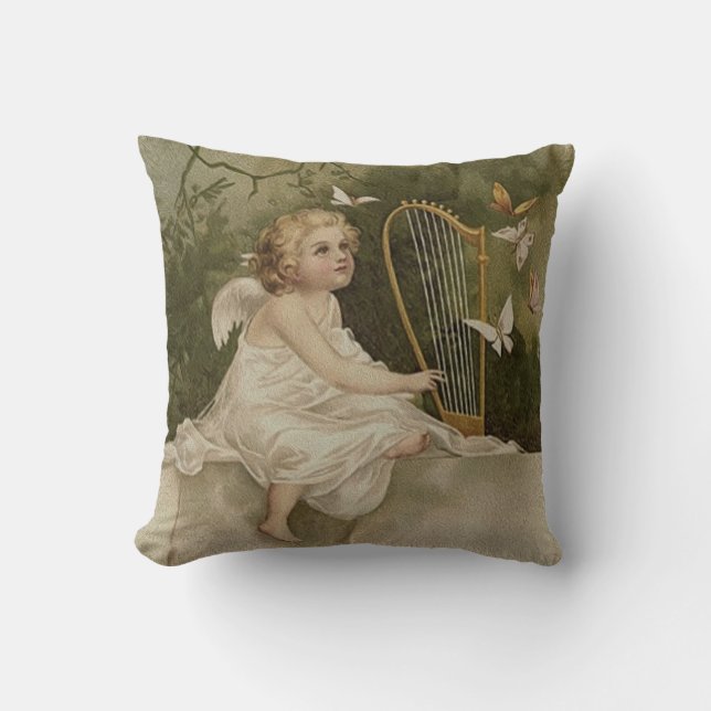 Little Smiling Angel with Butterflies and Harp Throw Pillow (Front)
