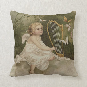 Little Smiling Angel with Butterflies and Harp Throw Pillow