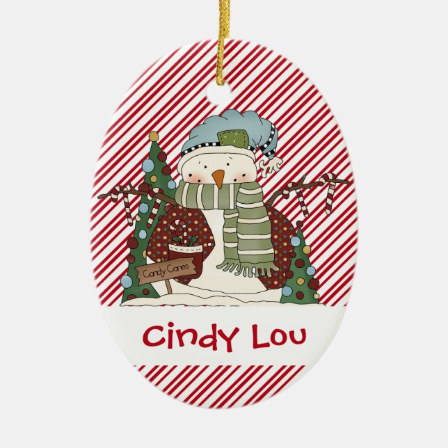 Little Snow Guys Candy Cane Snowman Cutie Ceramic Ornament (Front)