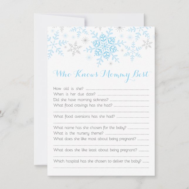 Little Snowflake Baby Boy Shower Mommy Quiz Blue Invitation (Front)