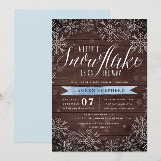 Little Snowflake Blue Rustic Wood Baby Shower Invitation (Front/Back)