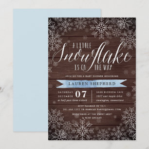 Little Snowflake Blue Rustic Wood Baby Shower Invitation