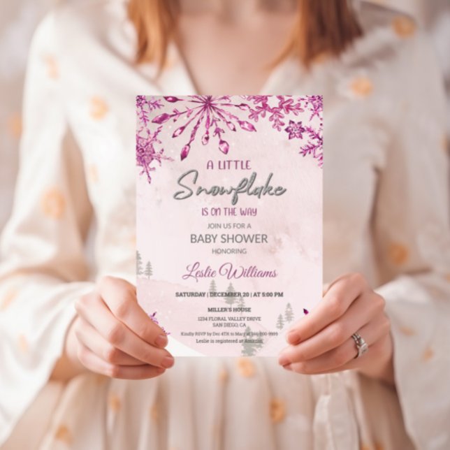 Little snowflake is on the way winter Baby Shower Invitation (A little snowflake is on the way pink baby shower invitation)