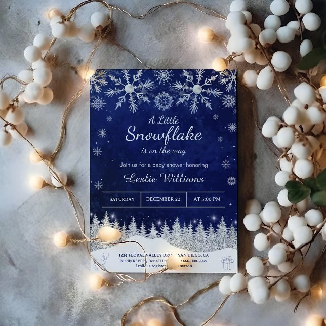Little snowflake is on the way winter Baby Shower Invitation (A little snowflake is on the way winter navy blue baby shower invitation)