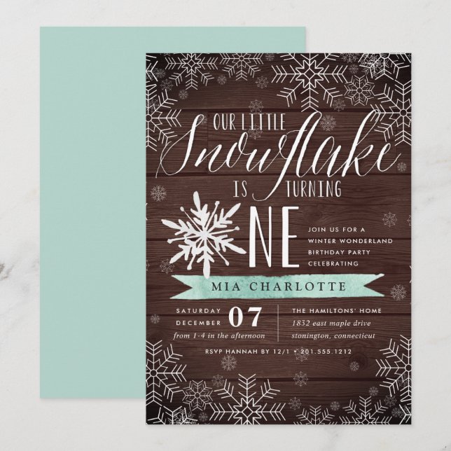 Little Snowflake Mint Rustic Wood First Birthday Invitation (Front/Back)