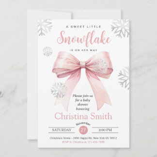 Little Snowflake On The Way Pink Bow Baby Shower Invitation