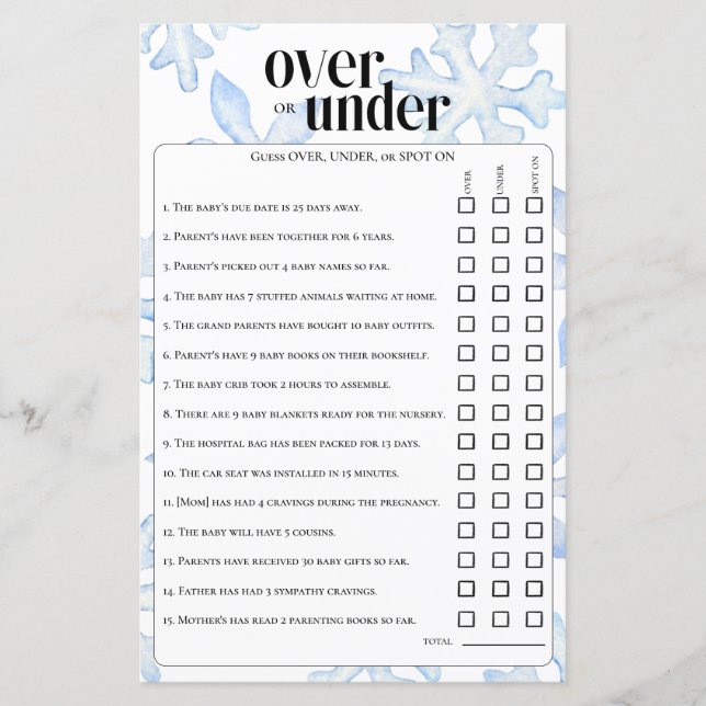Little Snowflake Over Under Guessing Game (Front)