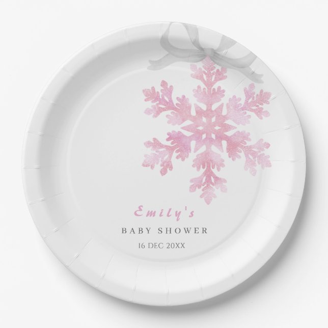 Little Snowflake Pink Baby Shower Paper Plate (Front)