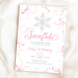 Little Snowflake Pink Bows Winter 1st Birthday Invitation