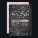 Little Snowflake Pink Chalkboard Baby Shower Invitation<br><div class="desc">Brrr! Frosty chic invitations for winter baby showers feature a white snowflake border on a rustic chalkboard background with baby pink watercolor accents. "A little snowflake is on the way" appears at the top in chic white calligraphy script lettering. Personalize with your baby girl shower details beneath using the template...</div>