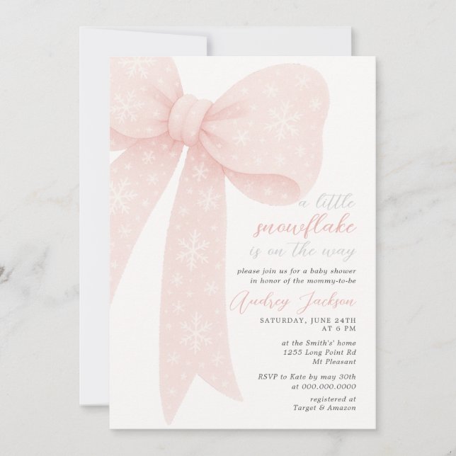 Little Snowflake Pink Coquette Bow Baby Shower Invitation (Front)