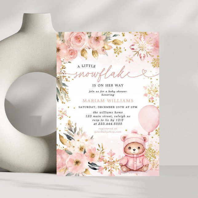 Little Snowflake Pink Floral Bear Baby Shower Invitation (Creator Uploaded)