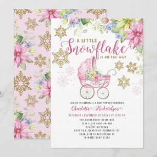 Little Snowflake Pink Floral Stroller Baby Shower Invitation
