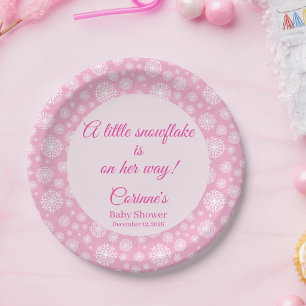 Little snowflake pink girl baby shower paper plate