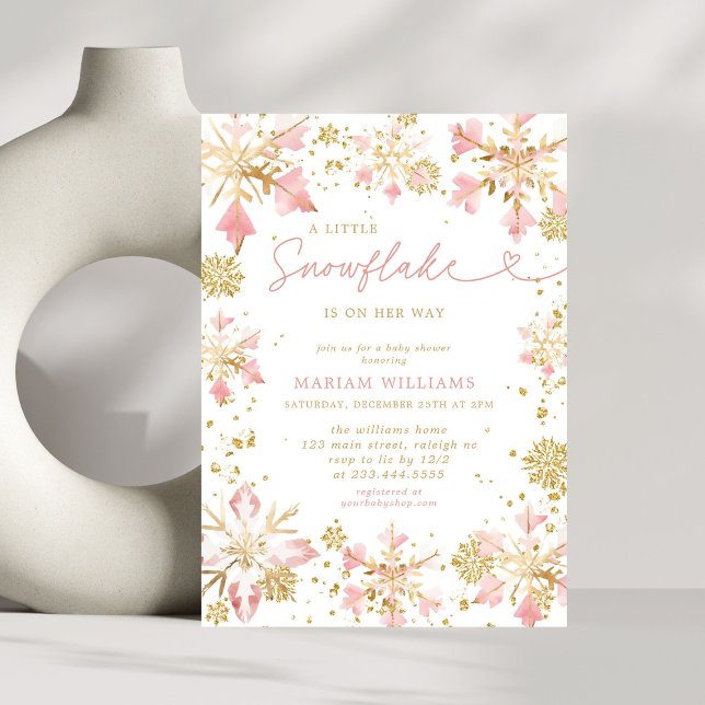 Little Snowflake Pink Gold Girl Baby Shower Invitation (Creator Uploaded)