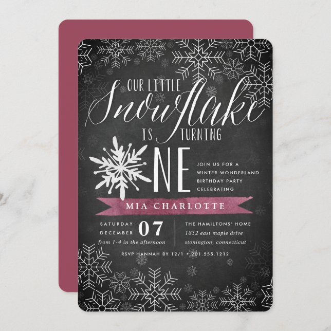 Little Snowflake Plum Chalkboard First Birthday Invitation (Front/Back)