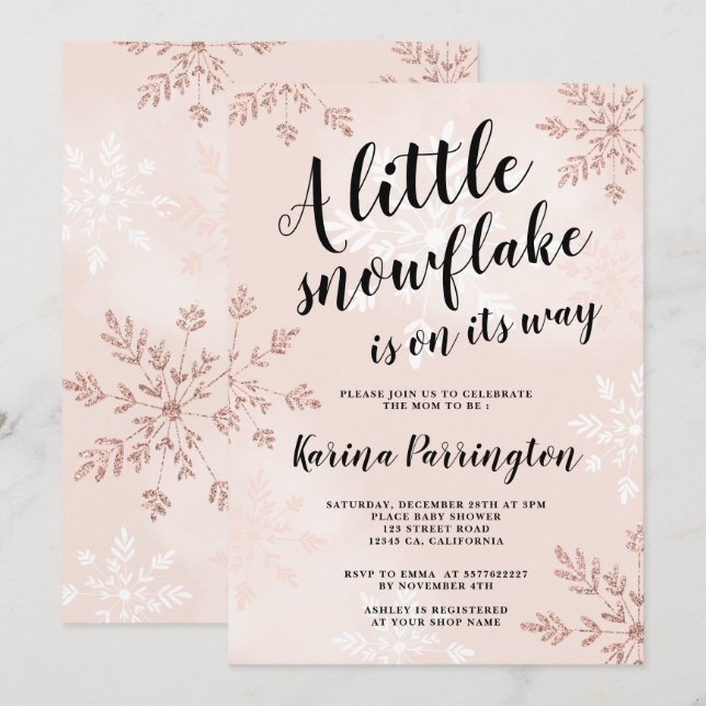 Little snowflake rose gold pink script baby shower invitation (Front/Back)