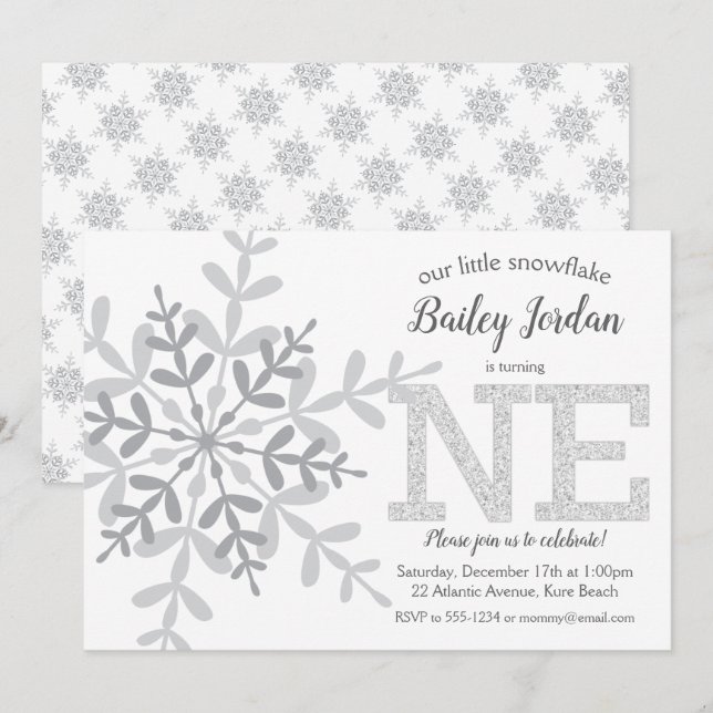Little Snowflake Silver Glitter 1st Birthday Invitation (Front/Back)