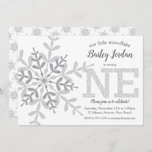 Little Snowflake Silver Glitter 1st Birthday Invitation
