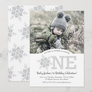 Little Snowflake Silver Glitter 1st Birthday Photo Invitation