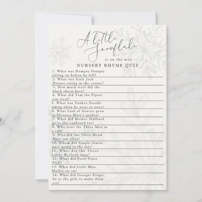 little snowflake winter baby shower rhyme quiz invitation (Front)