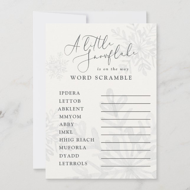 little snowflake winter baby shower word scramble invitation (Front)