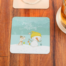 Little snowman and dog in christmas winter scene