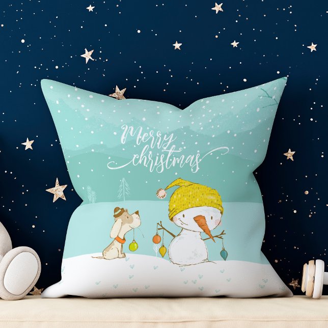 Little snowman and dog in christmas winter scene throw pillow (Creator Uploaded)