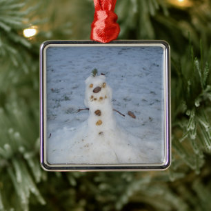 Little Snowman Pine Cone Nose Metal Ornament
